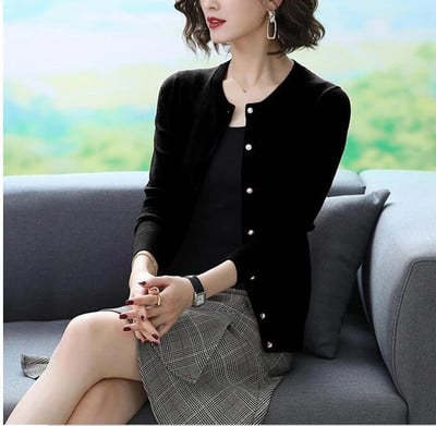 Madingi korėjietiški mezgimo megztiniai, moteriški, solidūs, elegantiški, ilgomis rankovėmis, ploni megztiniai su O formos iškirpte.