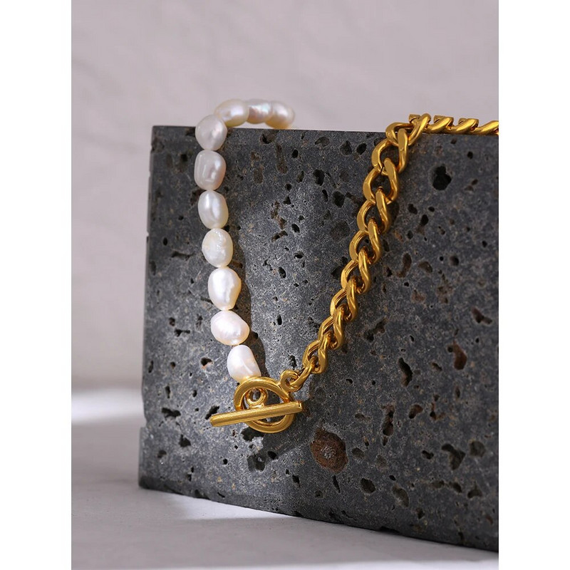 Yhpup Μοντέρνο κολιέ με κουβανική αλυσίδα από φυσικό μαργαριτάρι από ανοξείδωτο ατσάλι Μεταλλικό χρυσό κόσμημα 18 καρατίων Δώρο πάρτι με γιακά με βαριά υφή