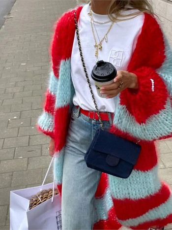 Νέο χρώμα αντίθεσης με γούνα πλεκτό μακρύ παλτό Γυναικείο μακρυμάνικο χοντρό ζεστό μπουφάν ζακέτα 2023 Χειμερινή μόδα Γυναικεία ρούχα στο δρόμο