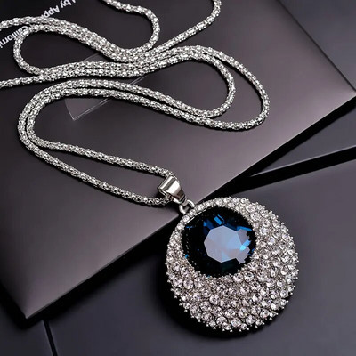Винтидж Ocean Blue Crystal Дълга огърлица Дамски бижута Модни бижута Колиета и висулки Класически подарък Етнически стил