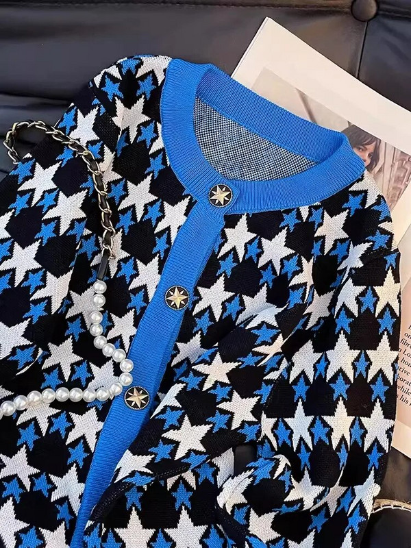 Moteriškas spalvingas žvaigždinis žakardinis megztinis, rudens naujiena, 2023 m. Elegantiškas moteriškas megztinis su V formos iškirpte ilgomis rankovėmis, megztas su viena krūtine C-030