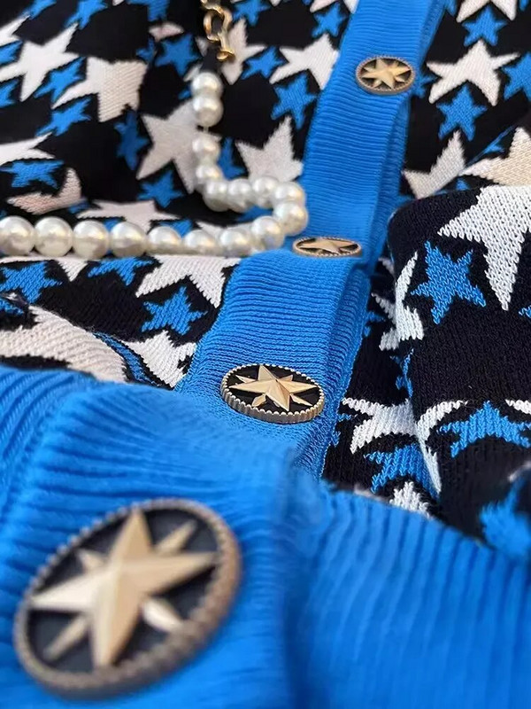 Moteriškas spalvingas žvaigždinis žakardinis megztinis, rudens naujiena, 2023 m. Elegantiškas moteriškas megztinis su V formos iškirpte ilgomis rankovėmis, megztas su viena krūtine C-030