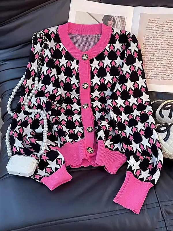 Moteriškas spalvingas žvaigždinis žakardinis megztinis, rudens naujiena, 2023 m. Elegantiškas moteriškas megztinis su V formos iškirpte ilgomis rankovėmis, megztas su viena krūtine C-030