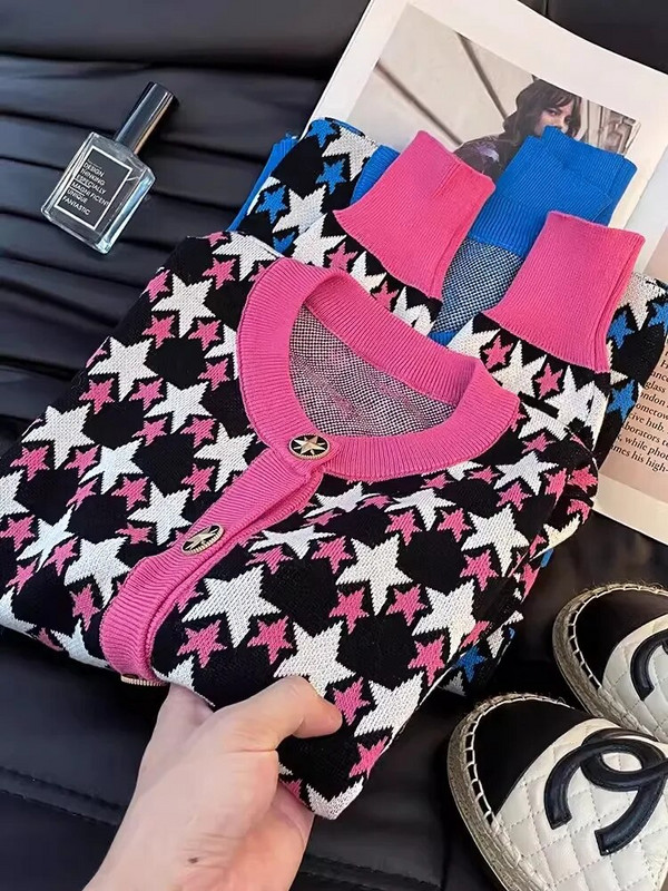 Moteriškas spalvingas žvaigždinis žakardinis megztinis, rudens naujiena, 2023 m. Elegantiškas moteriškas megztinis su V formos iškirpte ilgomis rankovėmis, megztas su viena krūtine C-030