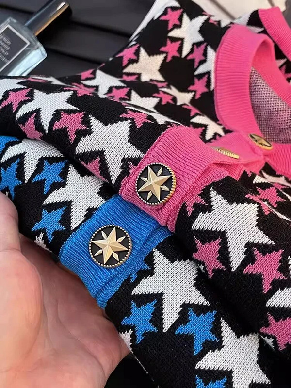 Moteriškas spalvingas žvaigždinis žakardinis megztinis, rudens naujiena, 2023 m. Elegantiškas moteriškas megztinis su V formos iškirpte ilgomis rankovėmis, megztas su viena krūtine C-030