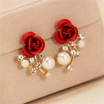 Vintage Flocking κόκκινο τριαντάφυλλο καρφωτά σκουλαρίκια με στρας για γυναίκες Εξαιρετικό μαργαριταρένιο λουλούδι Statement Σκουλαρίκι Νύφη Δώρο γαμήλιου κοσμήματος