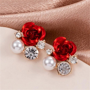Vintage Flocking κόκκινο τριαντάφυλλο καρφωτά σκουλαρίκια με στρας για γυναίκες Εξαιρετικό μαργαριταρένιο λουλούδι Statement Σκουλαρίκι Νύφη Δώρο γαμήλιου κοσμήματος