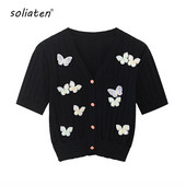 Γυναικεία πλεκτά κοντό λαιμόκοψη 2023 Καλοκαίρι Νέα ζακέτα με κούφια πεταλούδα 90s B-065