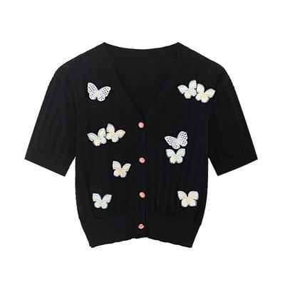 Γυναικεία πλεκτά κοντό λαιμόκοψη 2023 Καλοκαίρι Νέα ζακέτα με κούφια πεταλούδα 90s B-065