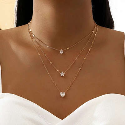 Crystal Zircon Heart Star Charm Многослойна огърлица с висулка Комплект за жени Charms Модни квадратни кристали Женски ретро бижута