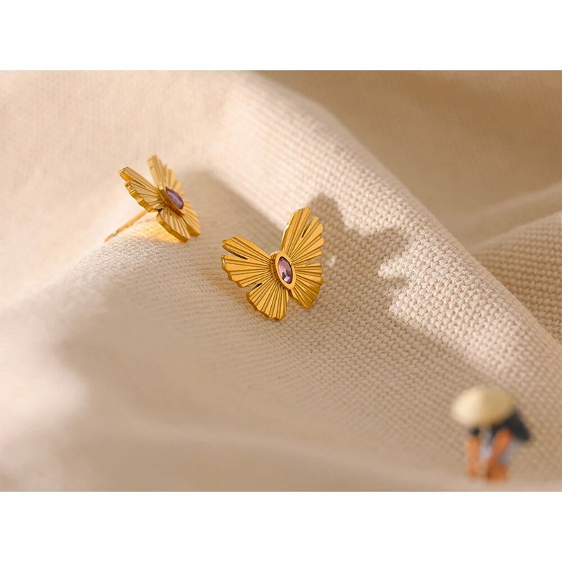 Yhpup izsmalcināts tauriņš kukaiņu cirkona metāla tekstūra zelta nerūsējošā tērauda auskari Eleganti modes rotaslietas ballītes dāvana