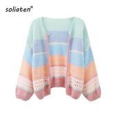 2023. őszi tél, női kardigán túlméretezett lányoknak, édes, kötött, csíkos, kivágott pulóverkabát C-267