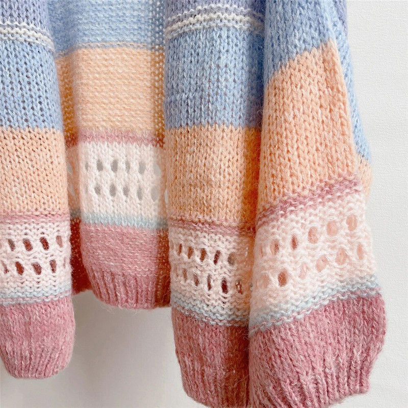 2023. őszi tél, női kardigán túlméretezett lányoknak, édes, kötött, csíkos, kivágott pulóverkabát C-267