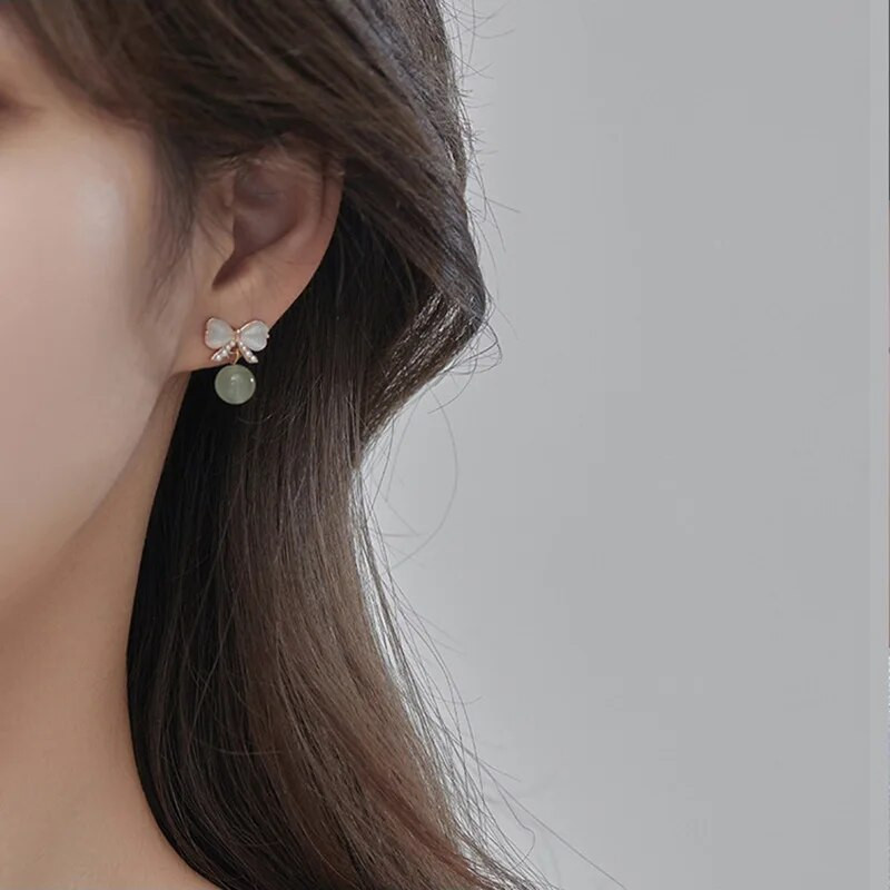 Naujos mados Sweet Bow Opal Stud Stud Auskarai Moterims Merginoms Baroko imitacija Perlų Nefritas Hetiano auskarai Vestuvių vakarėlio papuošalai