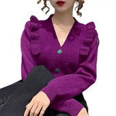 Pikkade varrukatega kootud kardigan naiste V-kaelusega kampsun, sügis-talv uus stiil, volangidega mood mantel õhuke top naiste