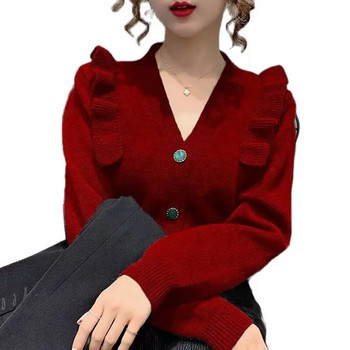 Γυναικείο πουλόβερ με μακρυμάνικο πλεκτή ζακέτα για το φθινόπωρο και το χειμώνα Νέο στυλ μόδας παλτό με βολάν Slim Top Γυναικείο