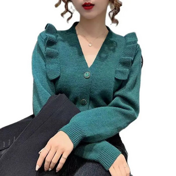 Γυναικείο πουλόβερ με μακρυμάνικο πλεκτή ζακέτα για το φθινόπωρο και το χειμώνα Νέο στυλ μόδας παλτό με βολάν Slim Top Γυναικείο