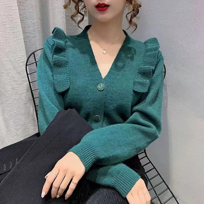 Pikkade varrukatega kootud kardigan naiste V-kaelusega kampsun, sügis-talv uus stiil, volangidega mood mantel õhuke top naiste