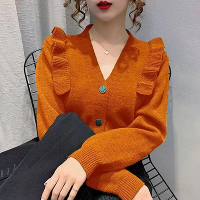 Pikkade varrukatega kootud kardigan naiste V-kaelusega kampsun, sügis-talv uus stiil, volangidega mood mantel õhuke top naiste