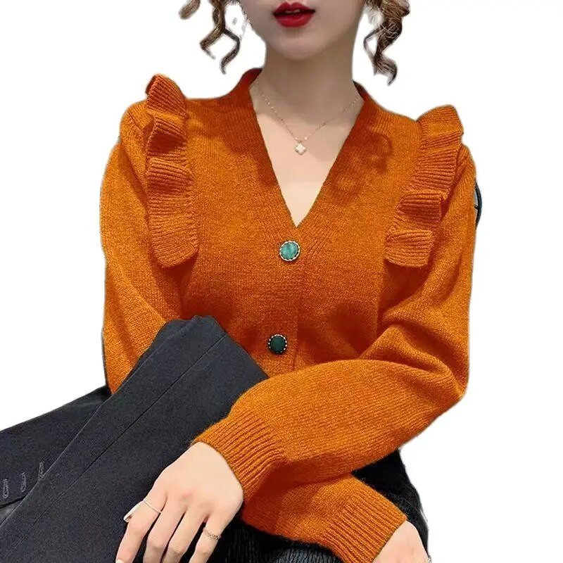 Pikkade varrukatega kootud kardigan naiste V-kaelusega kampsun, sügis-talv uus stiil, volangidega mood mantel õhuke top naiste