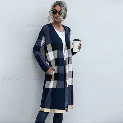 Pavasara un rudens sieviešu jaciņa ar garām piedurknēm rūtaini trikotāžas garie jaki Ikdienas korejiešu modes mētelis elegantas sieviešu jakas