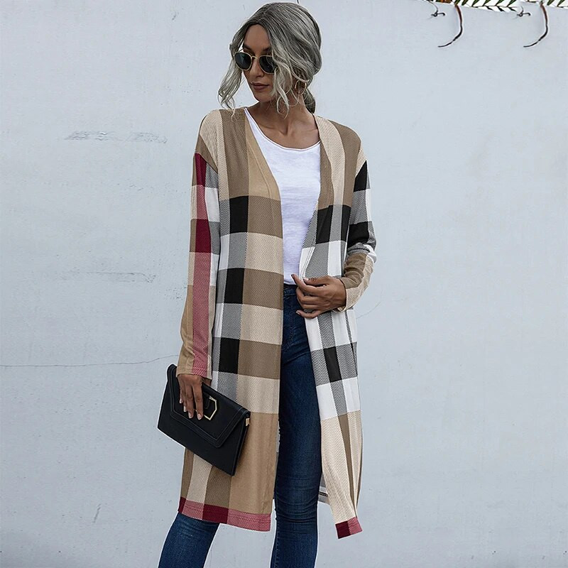 Pavasara un rudens sieviešu jaciņa ar garām piedurknēm rūtaini trikotāžas garie jaki Ikdienas korejiešu modes mētelis elegantas sieviešu jakas