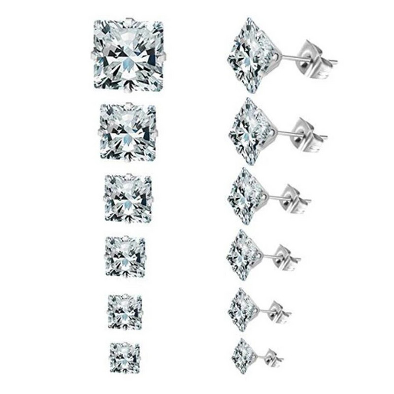 1 pár 3mm-8mm rozsdamentes acél kristály fülbevaló női fényes négyzet alakú fülbevaló cirkon fülcsavar esküvői ékszer
