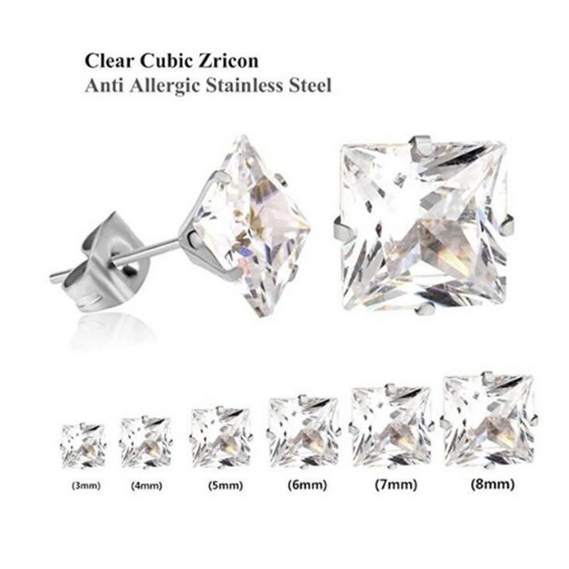 1 pár 3mm-8mm rozsdamentes acél kristály fülbevaló női fényes négyzet alakú fülbevaló cirkon fülcsavar esküvői ékszer