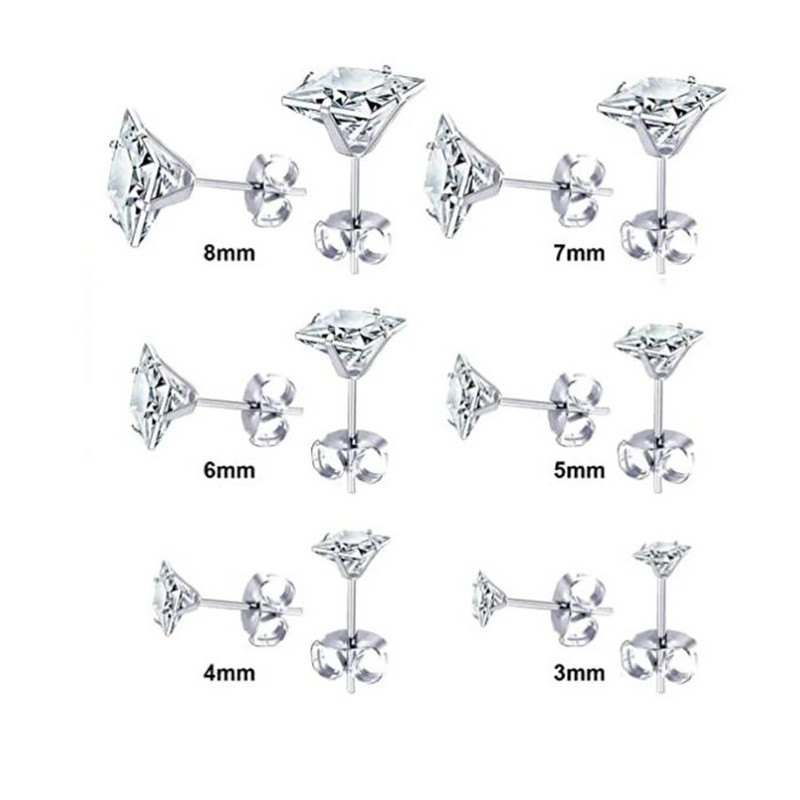 1 pár 3mm-8mm rozsdamentes acél kristály fülbevaló női fényes négyzet alakú fülbevaló cirkon fülcsavar esküvői ékszer