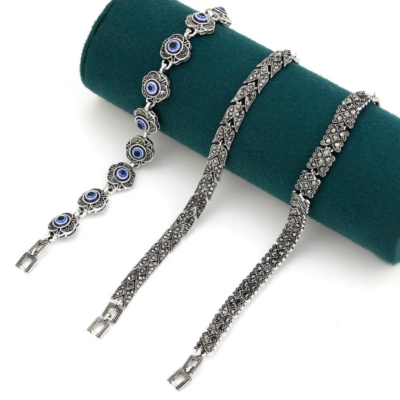 Αγαπημένο γυναικείο δώρο Neovisson Vintage Τουρκικό βραχιόλι Ασημί Χρώμα Κρύσταλλο Bohemia Link Βραχιόλι Charm Evil Eye Jewelry