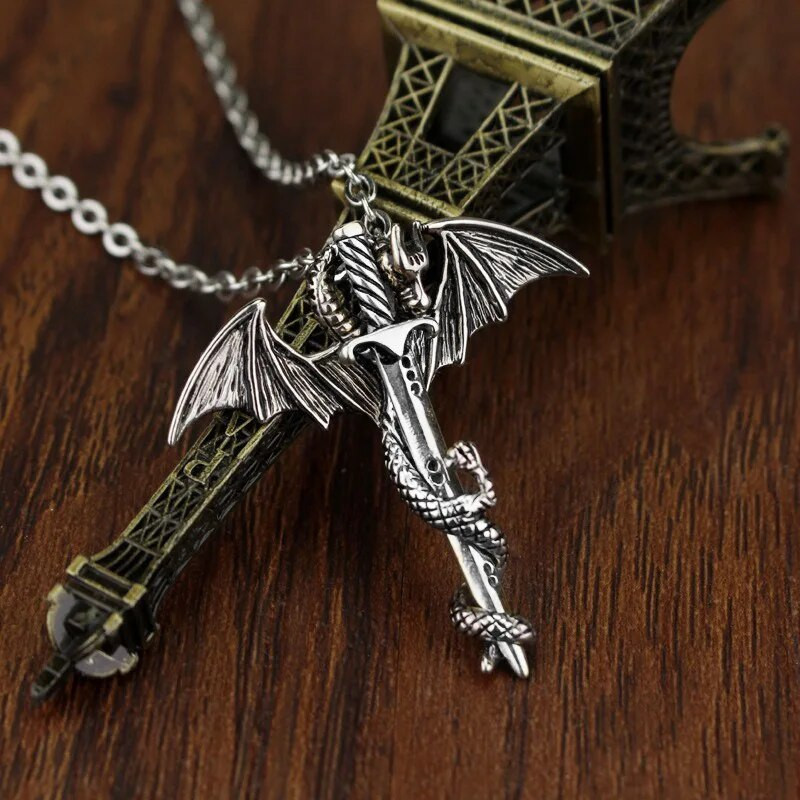 Moodne draakoni mõõga ripatsiga kaelakee meestele isikupära Vintage Pterodactyl roostevabast terasest ehted Hip Hop Punk peokink