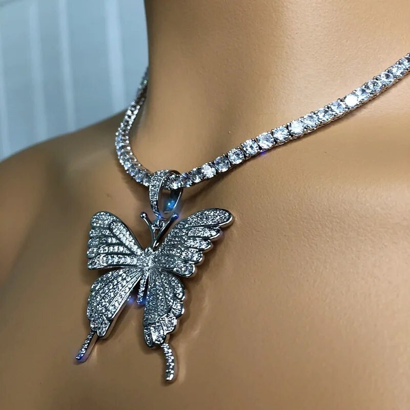 Európai és amerikai divat kubai lánc pillangós függő nyaklánc nőknek ragyog hip hop cirkon party ékszer tenisz choker