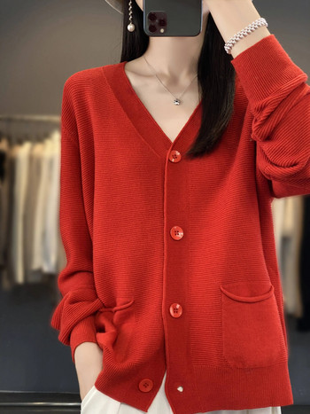 Ανοιξιάτικο φθινόπωρο Γυναικείο λαιμόκοψη V Pure Χρώματα Ζακέτα Merino Wool Twist Flower Cashmere πουλόβερ Γυναικείο casual παλτό