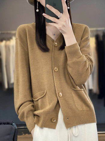 Ανοιξιάτικο φθινόπωρο Γυναικείο λαιμόκοψη V Pure Χρώματα Ζακέτα Merino Wool Twist Flower Cashmere πουλόβερ Γυναικείο casual παλτό
