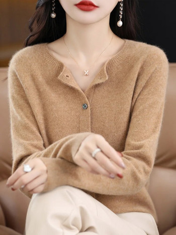 Μακρυμάνικο κασμίρ Γυναικεία πλεκτά πουλόβερ 100% αγνό μαλλί Merino Άνοιξη φθινοπωρινό μπλουζάκι O-neck Ζακέτα Non-Connect One Line