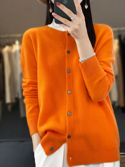 Moteriški megztiniai su kašmyru ilgomis rankovėmis, 100 % grynos merino vilnos, pavasario rudeniniai megztiniai su O kakleliu, nejungiami vienos linijos megztiniai