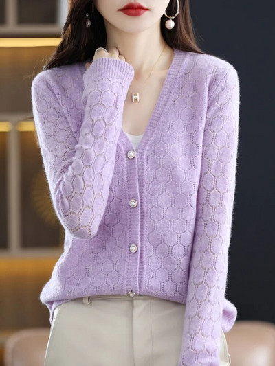 2023. gada mode, 100% merino vilnas krekls, sieviešu trikotāžas džemperis ar V veida kakla izgriezumu, pilnām piedurknēm jaciņa pavasara rudens apģērbs, trikotāža