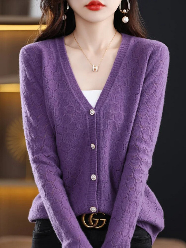 2023. aasta mood 100% meriinovillast kampsunist topid Naiste kootud kampsun V-kaelusega Täisvarrukatega kardigan Kevad-sügisrõivad Trafi kudumid