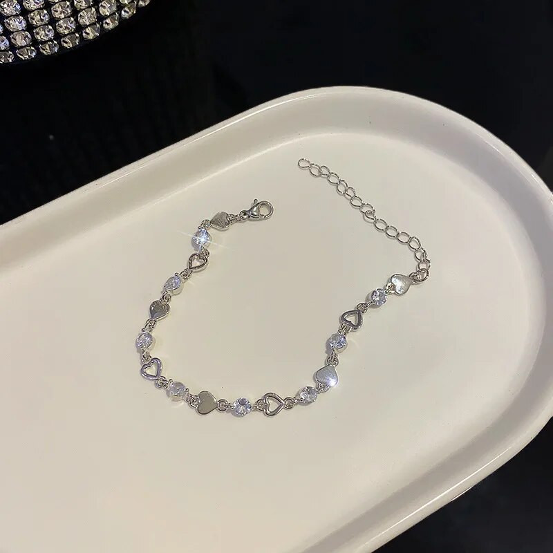 Sudraba krāsas mīlestības sirds kristāla rokassprādze sievietēm korejiešu šarms dzirkstošs regulējams elegants ķēdes aproces aksesuāri rotaslietas