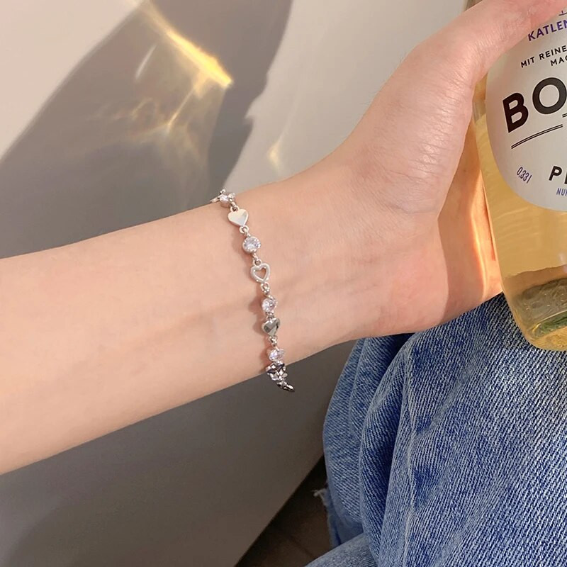 Sudraba krāsas mīlestības sirds kristāla rokassprādze sievietēm korejiešu šarms dzirkstošs regulējams elegants ķēdes aproces aksesuāri rotaslietas