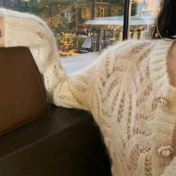 Винтидж елегантни женски жилетки Летни дамски плетени жилетки с дълъг ръкав Пролетен пуловер 2023 Модни издълбани пуловери Топове
