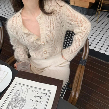 Винтидж елегантни женски жилетки Летни дамски плетени жилетки с дълъг ръкав Пролетен пуловер 2023 Модни издълбани пуловери Топове