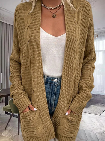 Γυναικείες μακριές ζακέτες πουλόβερ με χαλαρό στριφτό κόμπο Casual παλτό με μακρύ μανίκι V λαιμόκοψη Μασίφ πλεκτά ζακέτες HHMY-DH2181-26