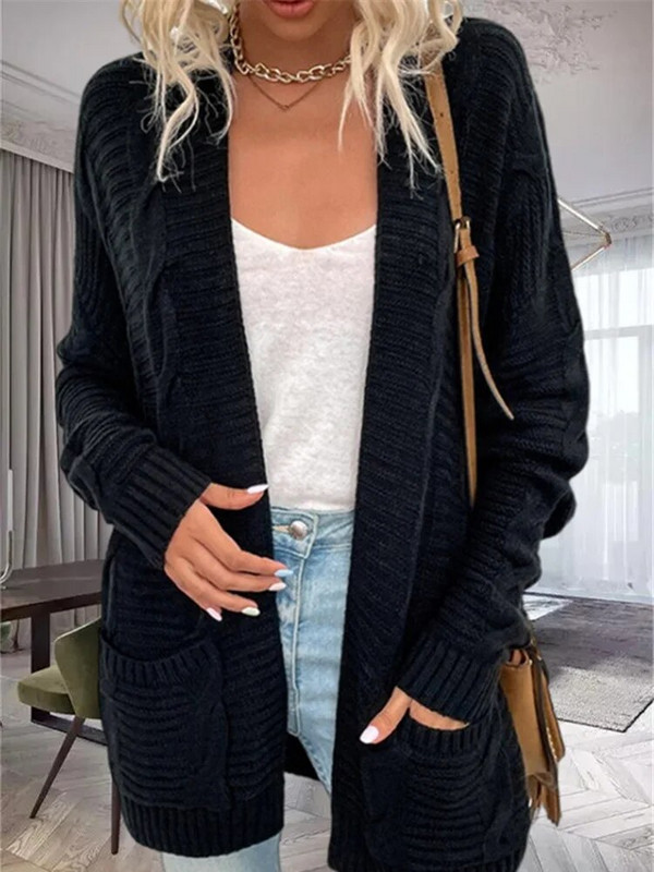 Sieviešu brīvi savīti mezgli kabatas garas jakas džemperis Ikdienas mēteļi ar V kakla izgriezumu, garām piedurknēm, vienkrāsains trikotāžas jakas HHMY-DH2181-26