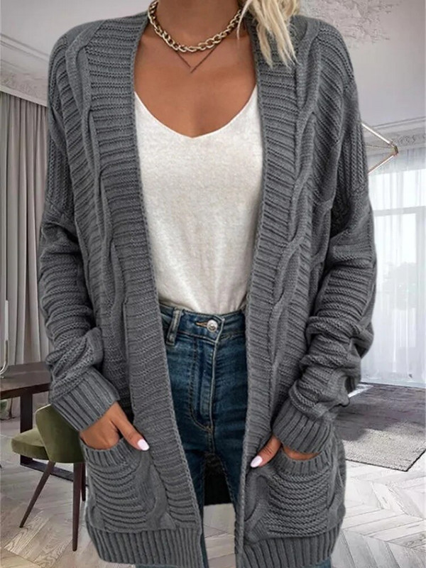 Sieviešu brīvi savīti mezgli kabatas garas jakas džemperis Ikdienas mēteļi ar V kakla izgriezumu, garām piedurknēm, vienkrāsains trikotāžas jakas HHMY-DH2181-26