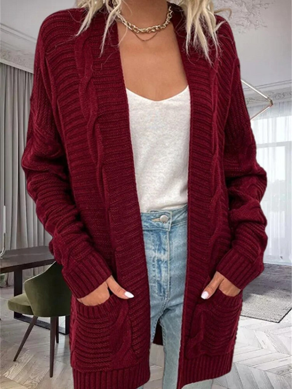 Sieviešu brīvi savīti mezgli kabatas garas jakas džemperis Ikdienas mēteļi ar V kakla izgriezumu, garām piedurknēm, vienkrāsains trikotāžas jakas HHMY-DH2181-26