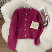 Rudens ziemas trikotāžas mēteļi Mohēra Sieviešu ūdeles Kašmira Džemperi Jakas Īsi Vilnas Šiks Pērļu trikotāžas izstrādājumi ar vienu rindu H129