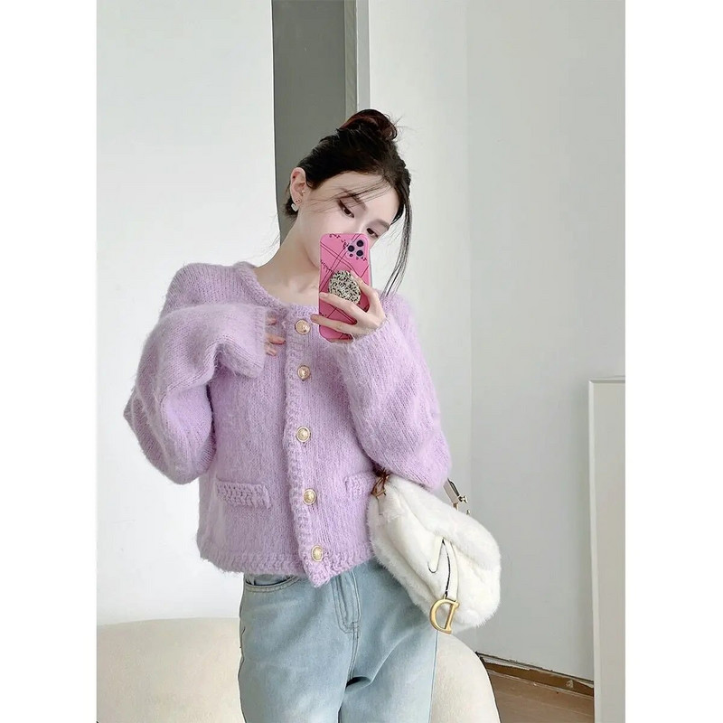 Rudens ziemas trikotāžas mēteļi Mohēra Sieviešu ūdeles Kašmira Džemperi Jakas Īsi Vilnas Šiks Pērļu trikotāžas izstrādājumi ar vienu rindu H129