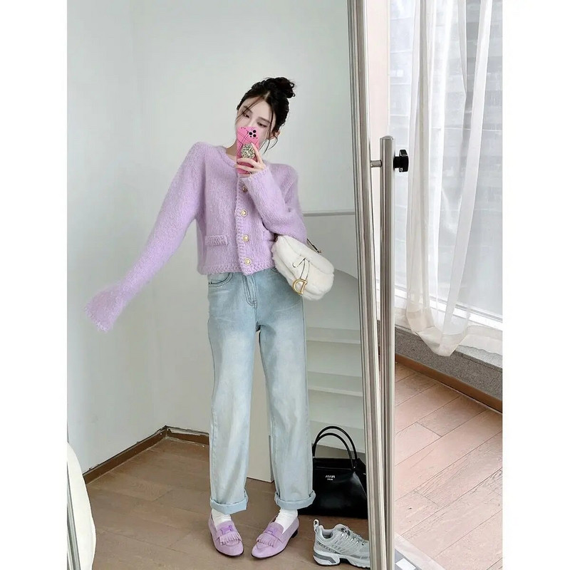 Rudens ziemas trikotāžas mēteļi Mohēra Sieviešu ūdeles Kašmira Džemperi Jakas Īsi Vilnas Šiks Pērļu trikotāžas izstrādājumi ar vienu rindu H129