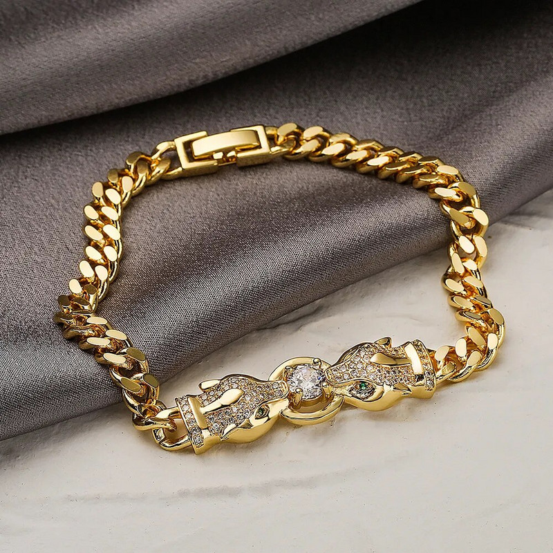 Klasiskas hip-hop sieviešu/vīriešu rokassprādzes, zelta krāsas leoparda rokassprādzes ar AAA CZ Stone Row, augstas kvalitātes pāru rotaslietas dāvana